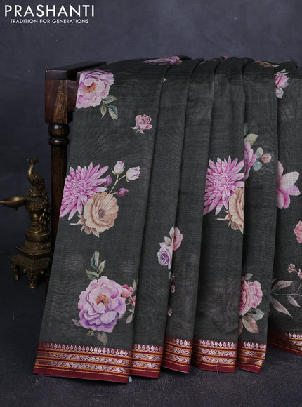 Olive Green & Maroon  Kota Silk Cotton Saree - Floral Prints