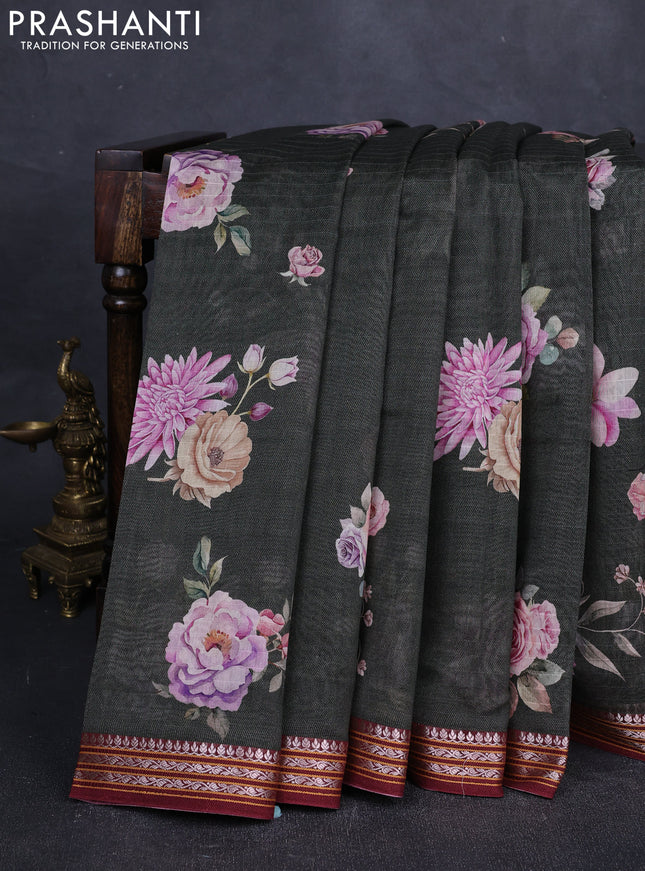 Olive Green & Maroon  Kota Silk Cotton Saree - Floral Prints