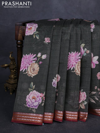Olive Green & Maroon  Kota Silk Cotton Saree - Floral Prints