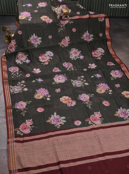 Olive Green & Maroon  Kota Silk Cotton Saree - Floral Prints