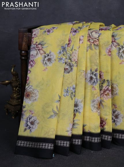 Yellow & Black  Kota Silk Cotton Saree - Floral Prints