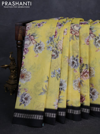 Yellow & Black  Kota Silk Cotton Saree - Floral Prints