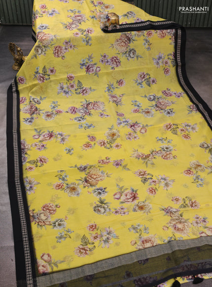 Yellow & Black  Kota Silk Cotton Saree - Floral Prints