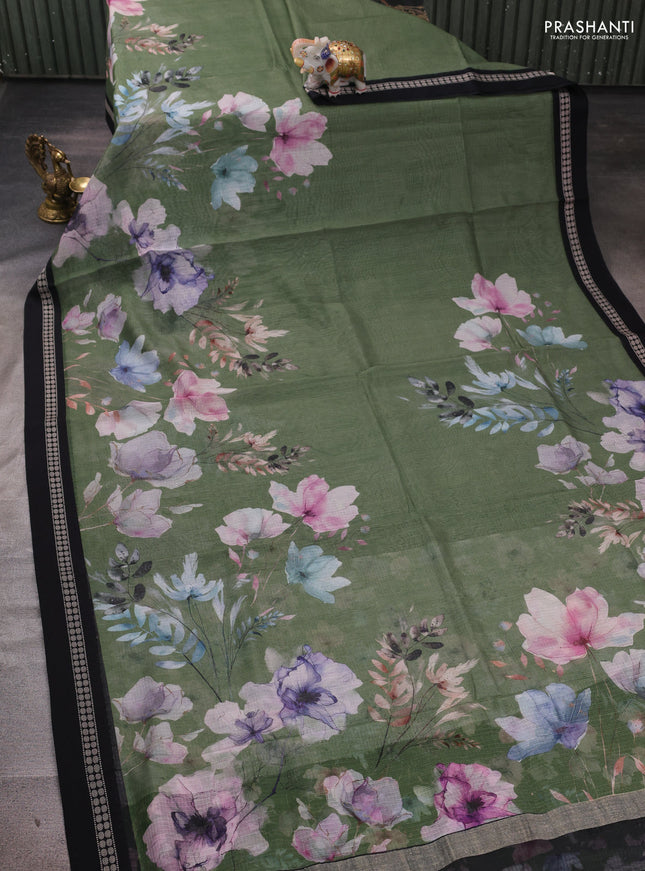 Green & Black  Kota Silk Cotton Saree - Floral Prints