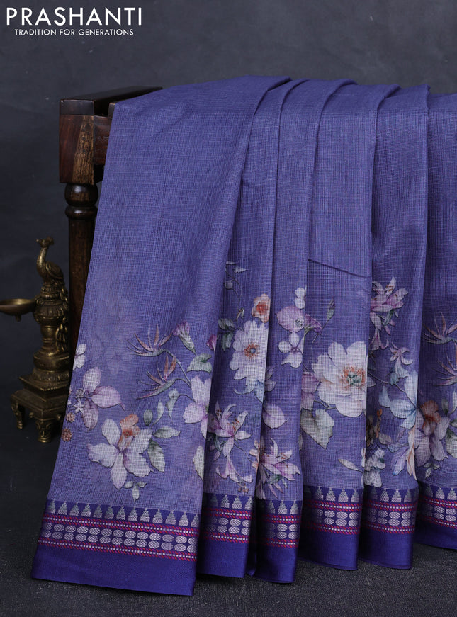 Grey & Blue  Kota Silk Cotton Saree - Floral Prints