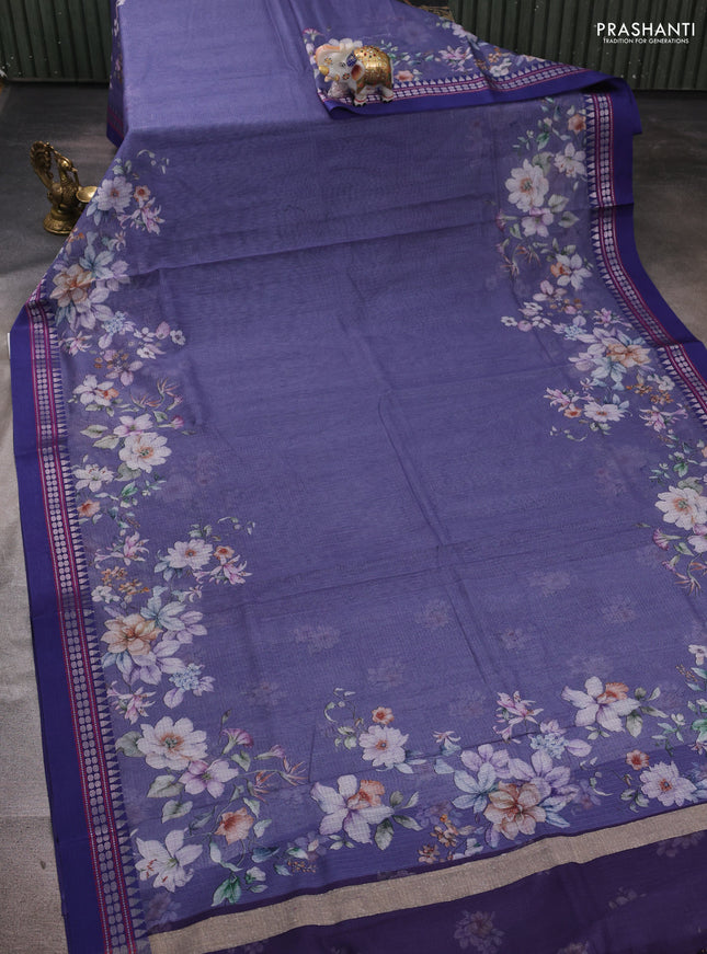 Grey & Blue  Kota Silk Cotton Saree - Floral Prints