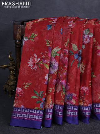 Maroon & Blue Kota Silk Cotton Saree - Floral Prints