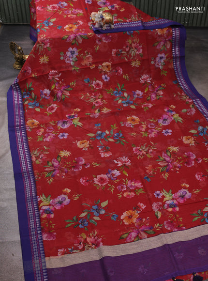 Maroon & Blue Kota Silk Cotton Saree - Floral Prints