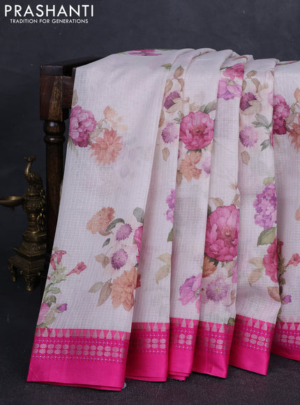 Off White & Pink  Kota Silk Cotton Saree - Floral Prints