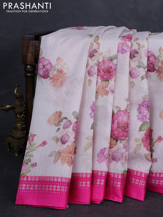 Off White & Pink  Kota Silk Cotton Saree - Floral Prints