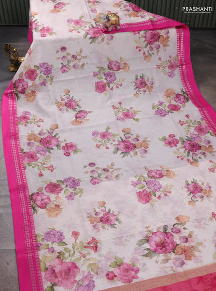 Off White & Pink  Kota Silk Cotton Saree - Floral Prints
