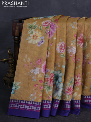 Sandal & Blue Kota Silk Cotton Saree - Floral Prints