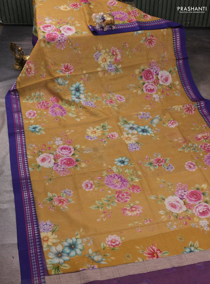 Sandal & Blue Kota Silk Cotton Saree - Floral Prints