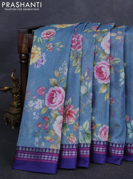 Grey & Blue  Kota Silk Cotton Saree - Floral Prints