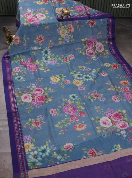 Grey & Blue  Kota Silk Cotton Saree - Floral Prints