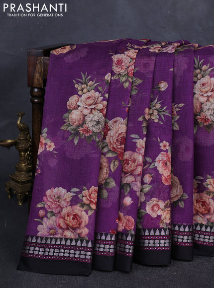 Purple & Black  Kota Silk Cotton Saree - Floral Prints