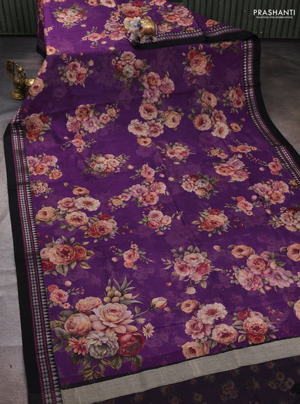 Purple & Black  Kota Silk Cotton Saree - Floral Prints