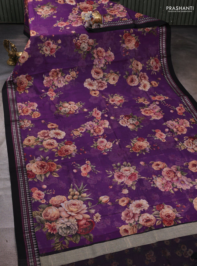 Purple & Black  Kota Silk Cotton Saree - Floral Prints