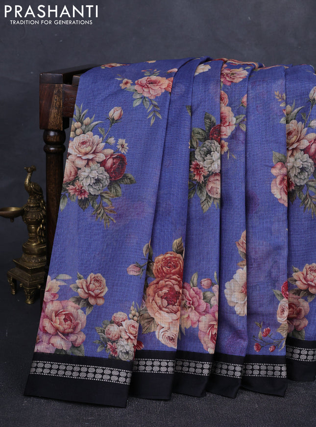 Blue & Black  Kota Silk Cotton Saree - Floral Prints