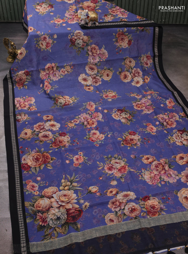 Blue & Black  Kota Silk Cotton Saree - Floral Prints