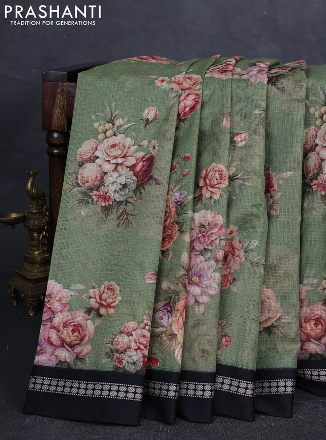 Green & Black  Kota Silk Cotton Saree - Floral Prints