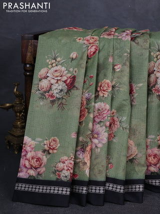 Green & Black  Kota Silk Cotton Saree - Floral Prints