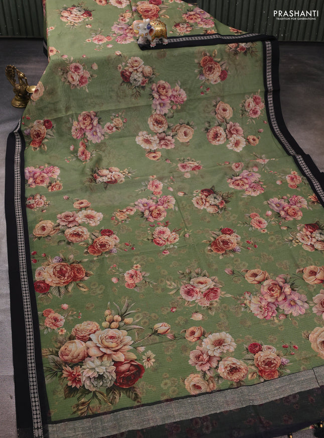 Green & Black  Kota Silk Cotton Saree - Floral Prints