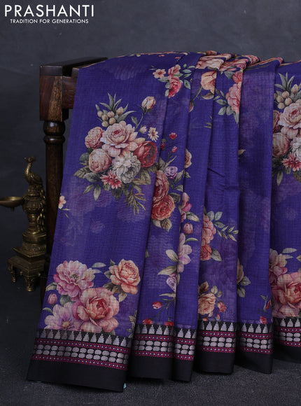 Blue & Black  Kota Silk Cotton Saree - Floral Prints