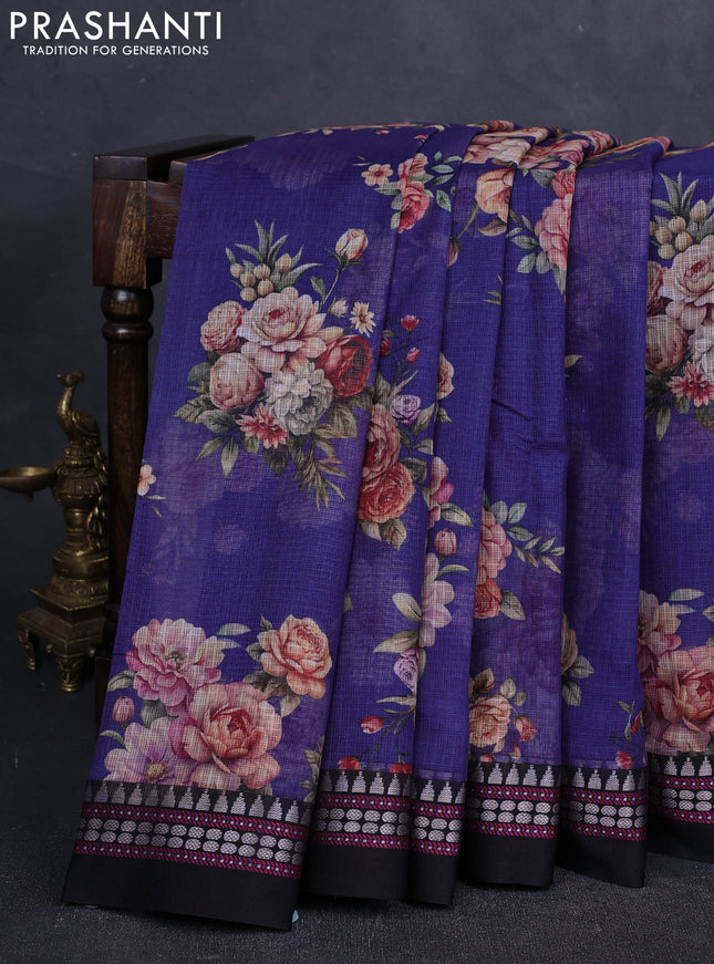 Blue & Black  Kota Silk Cotton Saree - Floral Prints