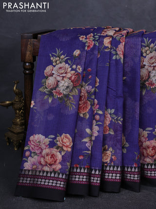 Blue & Black  Kota Silk Cotton Saree - Floral Prints