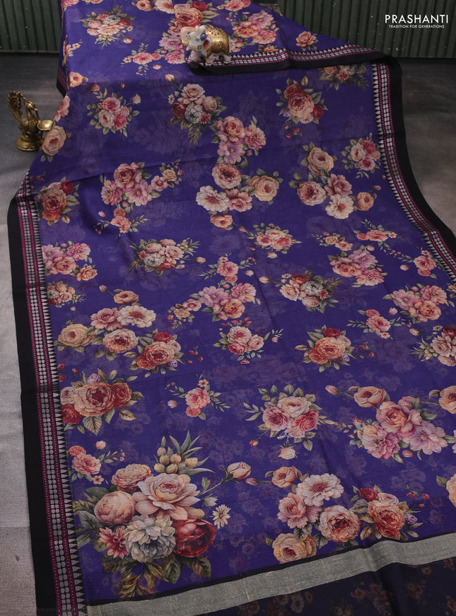 Blue & Black  Kota Silk Cotton Saree - Floral Prints