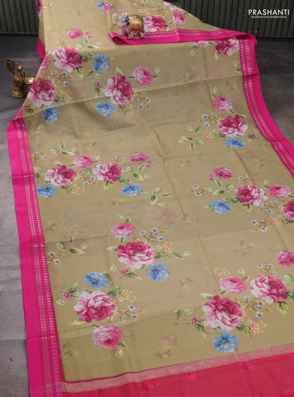 Pastel Green & Pink  Kota Silk Cotton Saree - Floral Prints
