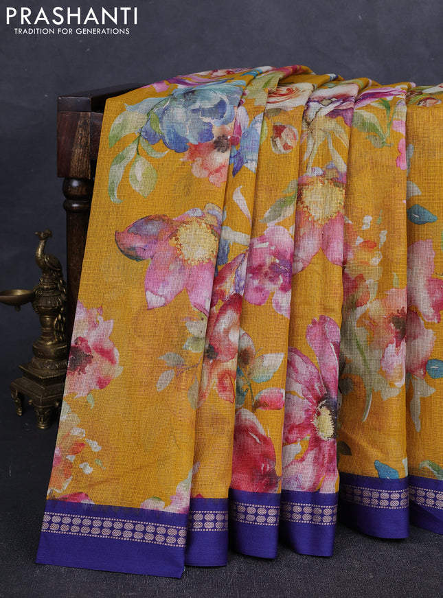 Yellow & Blue  Kota Silk Cotton Saree - Floral Prints