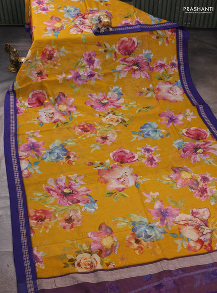 Yellow & Blue  Kota Silk Cotton Saree - Floral Prints