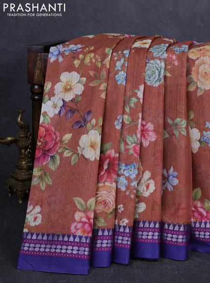 Brown & Blue  Kota Silk Cotton Saree - Floral Prints