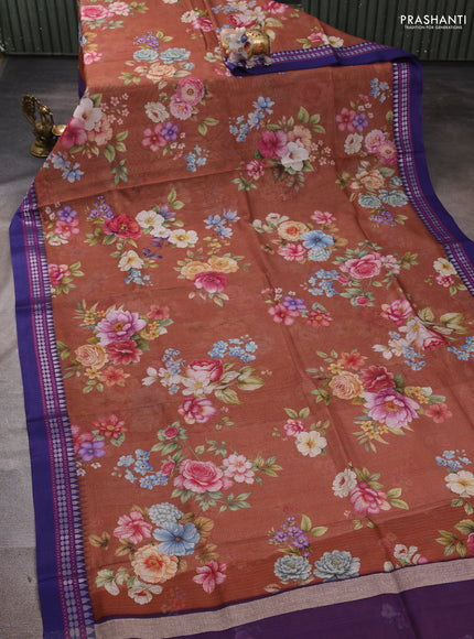 Brown & Blue  Kota Silk Cotton Saree - Floral Prints