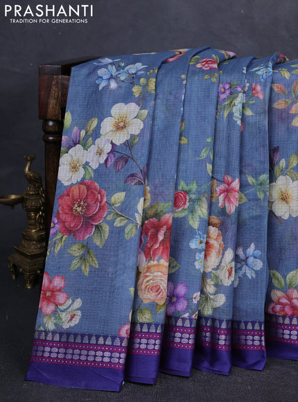 Grey & Blue  Kota Silk Cotton Saree - Floral Prints