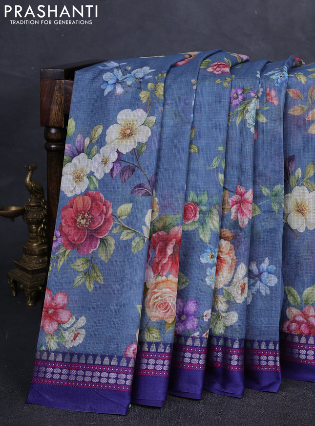 Grey & Blue  Kota Silk Cotton Saree - Floral Prints