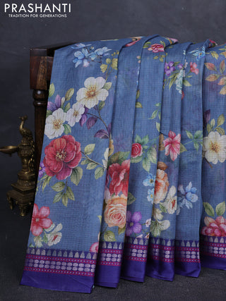 Grey & Blue  Kota Silk Cotton Saree - Floral Prints