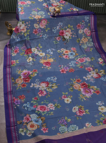 Grey & Blue  Kota Silk Cotton Saree - Floral Prints
