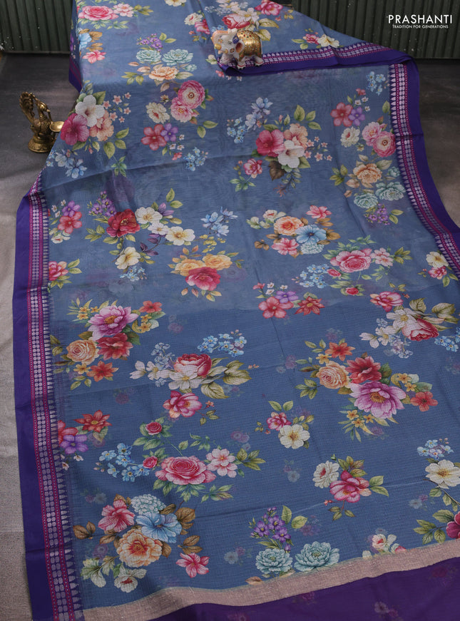 Grey & Blue  Kota Silk Cotton Saree - Floral Prints