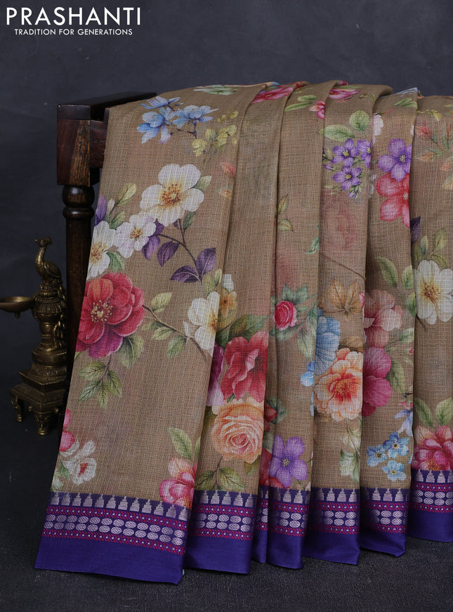 Beige & Blue  Kota Silk Cotton Saree - Floral Prints
