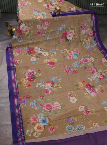 Beige & Blue  Kota Silk Cotton Saree - Floral Prints