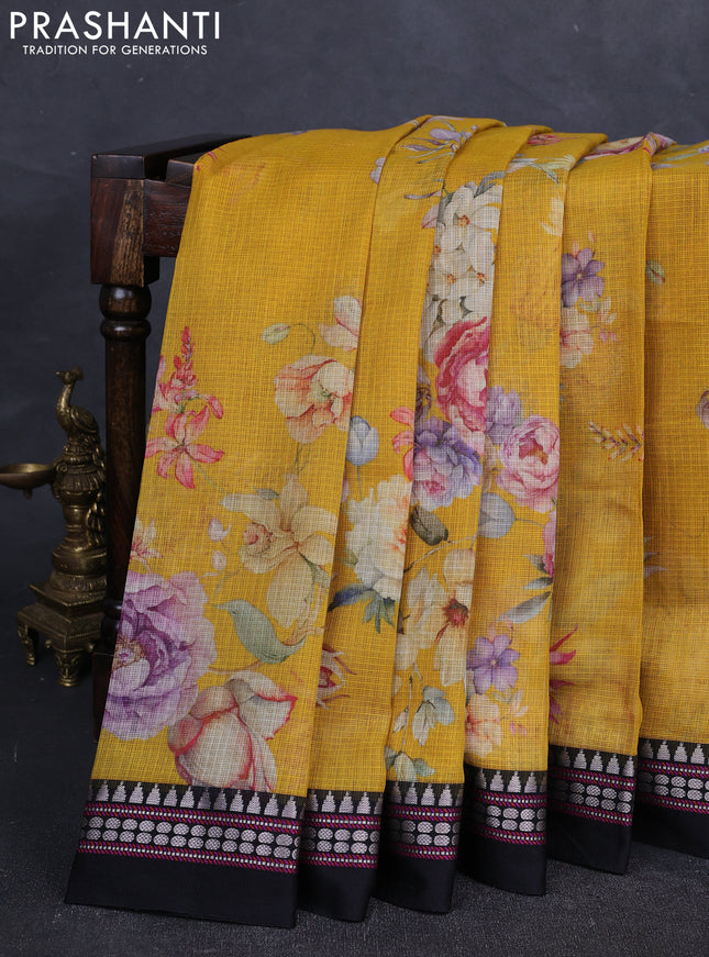 Yellow & Black  Kota Silk Cotton Saree - Floral Prints