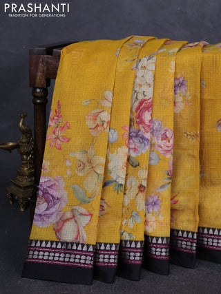 Yellow & Black  Kota Silk Cotton Saree - Floral Prints