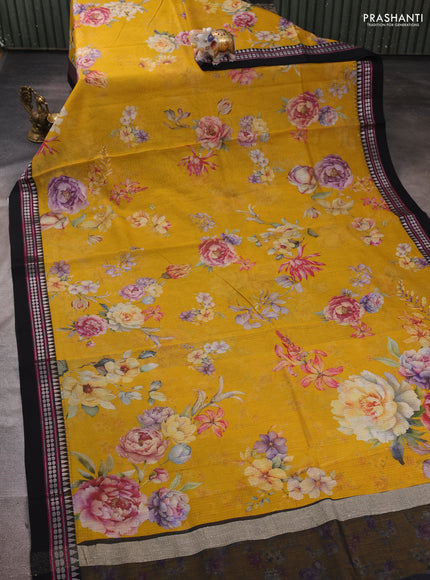Yellow & Black  Kota Silk Cotton Saree - Floral Prints