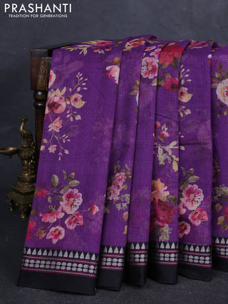 Purple & Black  Kota Silk Cotton Saree - Floral Prints