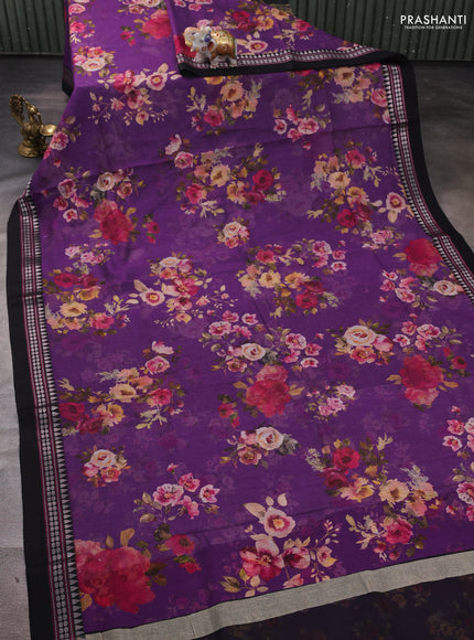 Purple & Black  Kota Silk Cotton Saree - Floral Prints