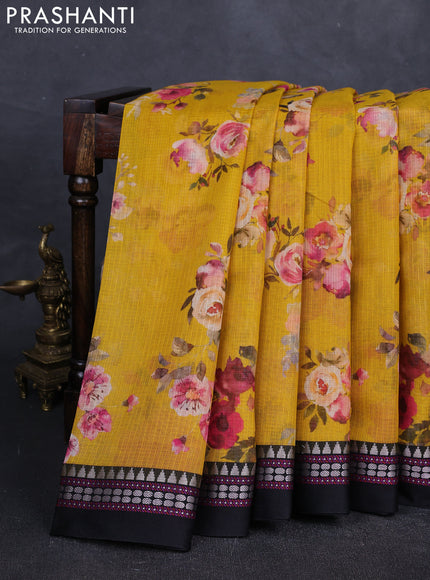 Mustard Yellow & Black  Kota Silk Cotton Saree - Floral Prints