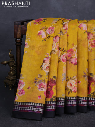 Mustard Yellow & Black  Kota Silk Cotton Saree - Floral Prints